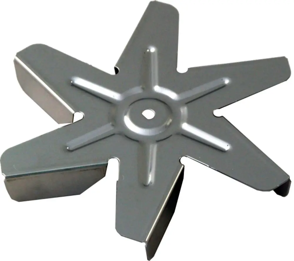 Umlaufrad aus Metall für einen Abzugsventilator, flache Bauform mit mehreren Armen, geeignet für verschiedene Anwendungen, unter anderem Produkte von Wolf.